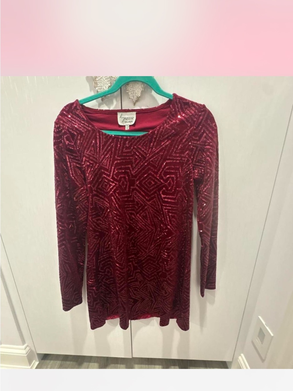 Women's Sequin Velvet Long Sleeve Scoop Neck Top - Burgundy